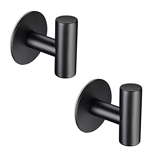 Aquaterior 2 Pack Matte Black Towel Hooks Stainless Steel Coat Robe Clothes Hook Wall Mount Heavy Duty Adhesive Holder for Bathroom Kitchen Garage