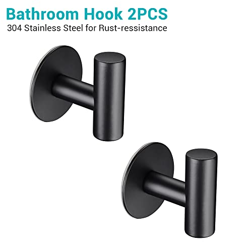 Aquaterior 2 Pack Matte Black Towel Hooks Stainless Steel Coat Robe Clothes Hook Wall Mount Heavy Duty Adhesive Holder for Bathroom Kitchen Garage