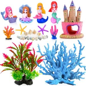 kooterfun mermaid's castle fish tank decorations-28pack include castle hideout, faux coral,starfish and artificial plastic plants aquarium décor accessories for all fish-pink