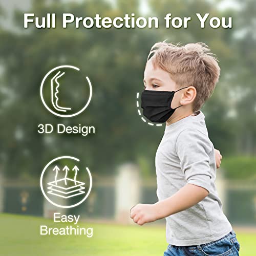 Medtecs Kids Face Mask Disposable - 2 Sizes Option (Child/Youth) 50 PCs - Comfy 3-Ply Breathable Children Masks, The Better & Safer Choice - Youth | Black