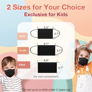 Medtecs Kids Face Mask Disposable - 2 Sizes Option (Child/Youth) 50 PCs - Comfy 3-Ply Breathable Children Masks, The Better & Safer Choice - Youth | Black