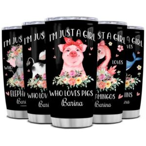 wassmin personalized pig tumbler cup with lid 20 oz 30 oz custom name just a girl who loves pigs stainless steel double wall vacuum tumblers coffee travel mug birthday christmas gifts for women girls