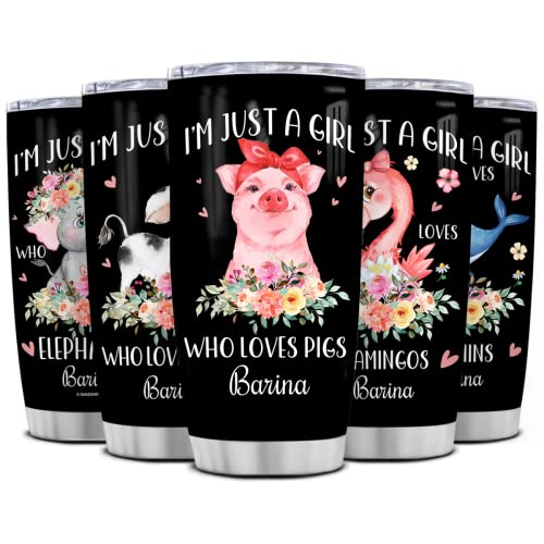 Wassmin Personalized Pig Tumbler Cup With Lid 20 oz 30 oz Custom Name Just A Girl Who Loves Pigs Stainless Steel Double Wall Vacuum Tumblers Coffee Travel Mug Birthday Christmas Gifts For Women Girls