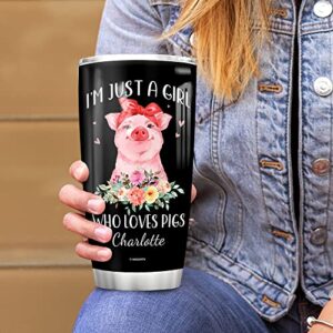 Wassmin Personalized Pig Tumbler Cup With Lid 20 oz 30 oz Custom Name Just A Girl Who Loves Pigs Stainless Steel Double Wall Vacuum Tumblers Coffee Travel Mug Birthday Christmas Gifts For Women Girls