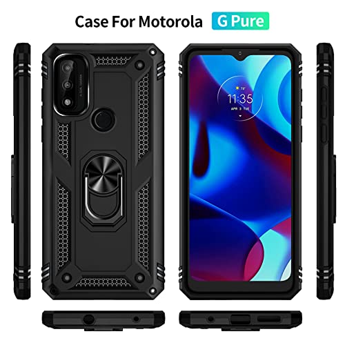 for Moto G Pure Case, Moto G Power 2022 case with Screen Protector [Military Grade 16ft. Drop Tested] Magnetic Ring Holder Kickstand Protective Phone Case for Motorola Moto G Pure 2021, Black