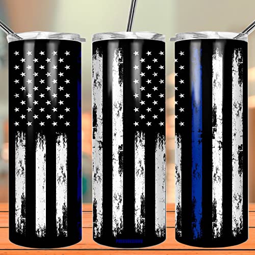 Thin Blue Line Police Tumbler-20oz Travel Mug with Lid for Coffee Cup/Cold Drinks,Graduation,Cops Officer,Law Enforcement 20oz Insulated Stainless Steel Travel Mug Skinny