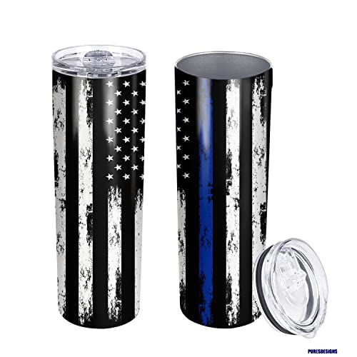 Thin Blue Line Police Tumbler-20oz Travel Mug with Lid for Coffee Cup/Cold Drinks,Graduation,Cops Officer,Law Enforcement 20oz Insulated Stainless Steel Travel Mug Skinny