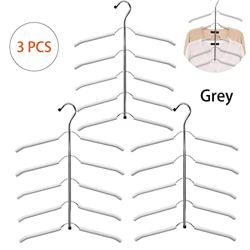 Multi-Layer Clothes Hangers Blouse Tree Hangers 3 Pack 5 in 1 Non Slip Space Saving Stainless Steel Shirt Hangers Closet Organizer（3，Grey）