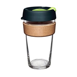 keepcup reusable tempered glass coffee cup | travel mug with spill proof lid, brew cork band, lightweight, bpa free | large | 16oz | deep