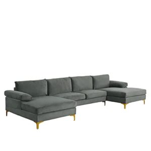 casa andrea milano modern large velvet fabric sectional sofa couch with extra wide chaise lounge with golden legs, u shaped, grey