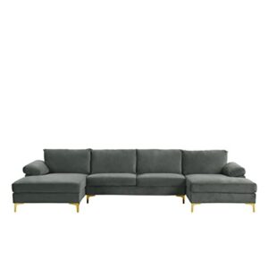 Casa Andrea Milano Modern Large Velvet Fabric Sectional Sofa Couch with Extra Wide Chaise Lounge with Golden Legs, U Shaped, Grey