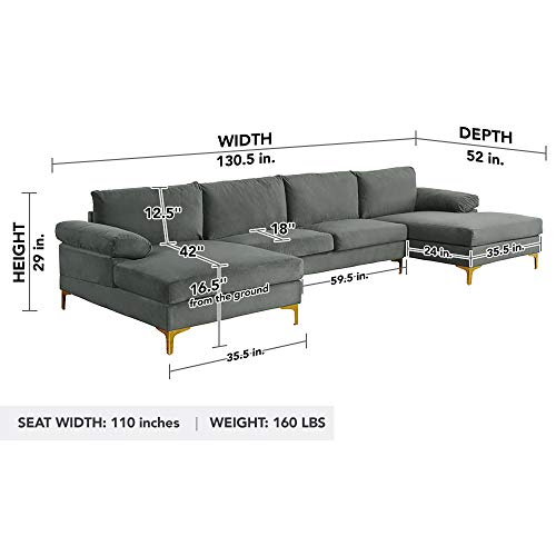 Casa Andrea Milano Modern Large Velvet Fabric Sectional Sofa Couch with Extra Wide Chaise Lounge with Golden Legs, U Shaped, Grey