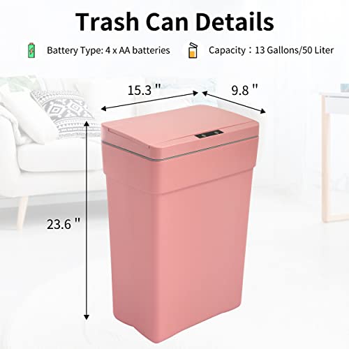 BLKMTY Trash Can 13 Gallon Trash Cans 50 Liter Kitchen Trash Can with Lid Plastic Garbage Can Automatic Garbage Bin Touchless Trash Bin for Office Bathroom Rubbish Can Auto Waste Bin, Pink