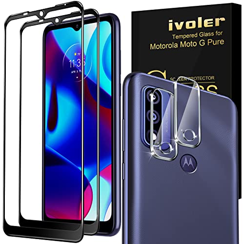 ivoler [2+2 Pack] Tempered Screen Protector [Full Coverage] for Motorola G Pure [2 Pack] with Camera Lens Protector Tempered Glass[2 Pack] 9H Hardness, Bubble Free, Anti-Scratch 6.5inch- Black