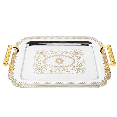 Cabilock Rectangular Serving Tray Stainless Steel Tea Drink Platter Snack Tray Breakfast Serving Platter with Handle for Food Dessert Fruit Coffee Tea 35x24. 5CM