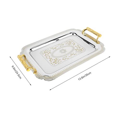 Cabilock Rectangular Serving Tray Stainless Steel Tea Drink Platter Snack Tray Breakfast Serving Platter with Handle for Food Dessert Fruit Coffee Tea 35x24. 5CM