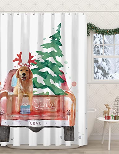 SUMGAR Christmas Shower Curtain for Bathroom Tree Holiday Fabric Cloth Winter Funny Dog Red Truck Shower Curtains Set with Hooks 72 x 72 inch