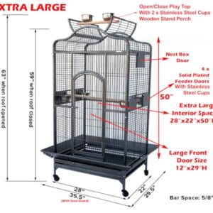 Extra Large Elegant Open Dome Top with Play Wooden Perch Stand Bird Parrot Cage for Macaw Cockatoo African Grey (35.25 x 29.5 x 62H Inches, Black Vein)