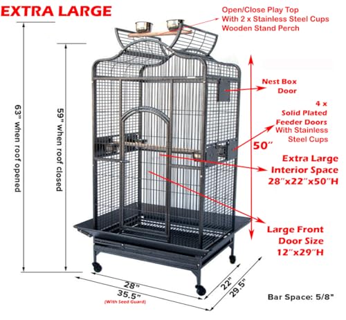 Extra Large Elegant Open Dome Top with Play Wooden Perch Stand Bird Parrot Cage for Macaw Cockatoo African Grey (35.25 x 29.5 x 62H Inches, Black Vein)