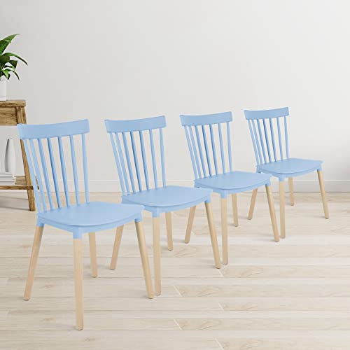 Simpol Home DSW Armless Modern Plastic Chairs with Wood Legs for Living, Bedroom, Kitchen, Dining,Lounge Waiting Room, Restaurants, Cafes, Set of 4, Blue Light