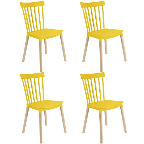 Simpol Home DSW Armless Modern Plastic Chairs with Wood Legs for Living, Bedroom, Kitchen, Dining,Lounge Waiting Room, Restaurants, Cafes, Set of 4, Yellow