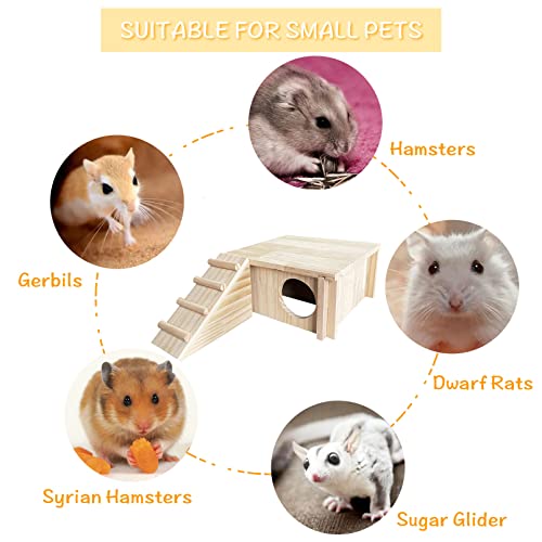 Fhiny Wooden Hamster Hideout for Small Animal, Gerbils Chamber Hut with Ladder Habitats Decor, Maze Climbing Toys for Dwarf Syrian Hamsters Mice and Other Small Pets