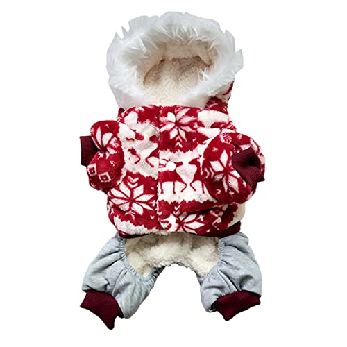 FLAdorepet Fleece Dog Winter Jacket Coat with Fur Collar, Snowflake Elk Christmas Puppy Cat Pet Jumpsuit Costume Clothes for Small Dog (X-Large, Red)
