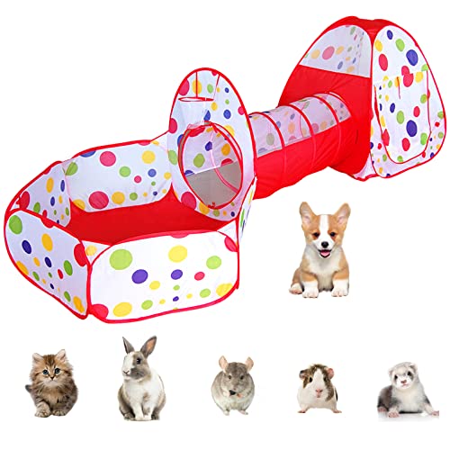 Fhiny Small Animal Playpen, Breathable Pop Open Portable Tent Rabbit Connect Tunnel Foldable Pet Exercise Enclosure Hiding Training Toys for Puppy Kitten Chinchilla Hamster Gerbils Guinea Pig (Red)