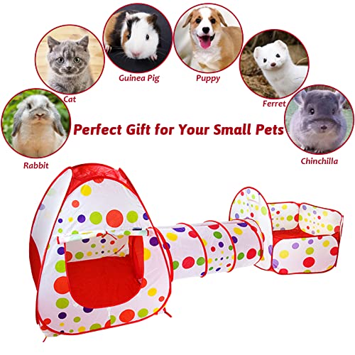 Fhiny Small Animal Playpen, Breathable Pop Open Portable Tent Rabbit Connect Tunnel Foldable Pet Exercise Enclosure Hiding Training Toys for Puppy Kitten Chinchilla Hamster Gerbils Guinea Pig (Red)