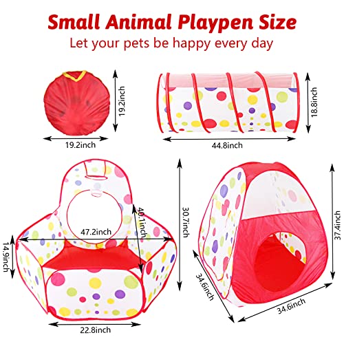 Fhiny Small Animal Playpen, Breathable Pop Open Portable Tent Rabbit Connect Tunnel Foldable Pet Exercise Enclosure Hiding Training Toys for Puppy Kitten Chinchilla Hamster Gerbils Guinea Pig (Red)