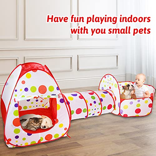 Fhiny Small Animal Playpen, Breathable Pop Open Portable Tent Rabbit Connect Tunnel Foldable Pet Exercise Enclosure Hiding Training Toys for Puppy Kitten Chinchilla Hamster Gerbils Guinea Pig (Red)