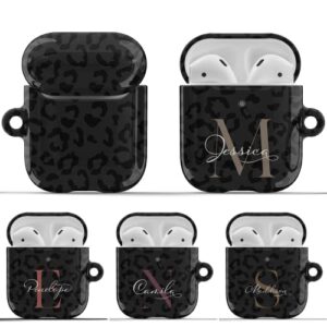 artisticases custom leopard monogram initial case designed for airpods gen 1 & 2 / airpods pro case, cute personalized name speckled hard cover with free keychain - black
