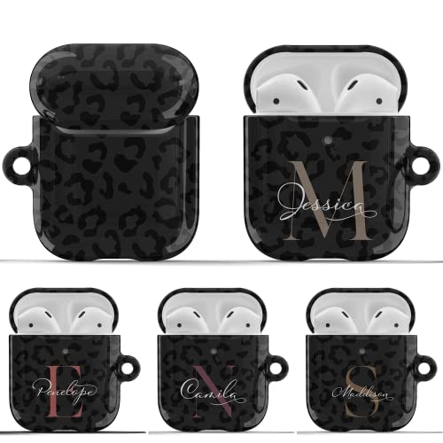 Artisticases Custom Leopard Monogram Initial Case Designed for AirPods Gen 1 & 2 / AirPods Pro Case, Cute Personalized Name Speckled Hard Cover with Free Keychain - Black