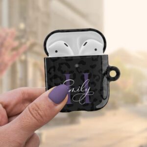 Artisticases Custom Leopard Monogram Initial Case Designed for AirPods Gen 1 & 2 / AirPods Pro Case, Cute Personalized Name Speckled Hard Cover with Free Keychain - Black