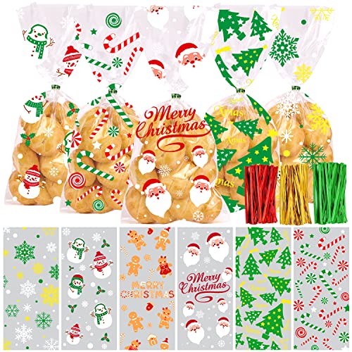 JOICEE 120PCS Christmas Cellophane Candy bags, Xmas Cello Treat Goody Bags with Ties for Christmas Holiday Party Favors