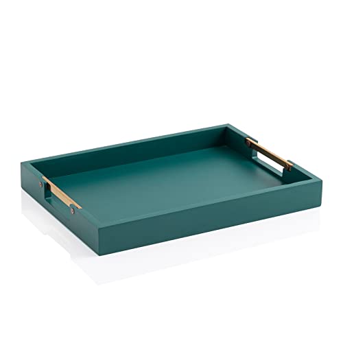 Kanwone Decorative Tray , 13.6"x9.8" Serving Tray, Rectangle Ottoman Tray with Gold Polished Metal Handles, Coffee Table Trays for Living Room Kitchen and Home Decor, Green