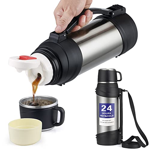 Debo Thermos with Handle Hidden Strap Portable 68 Ounce Coffee Thermos Double Wall Vacuum Insulation BPA-FreeThermos for Hot Drinks Keep Hot&Cold For Up to 24 Hours Thermoses for Hot Coffee, Silver