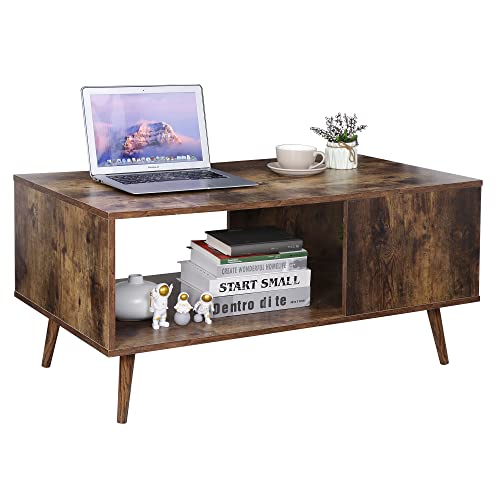 SUPER DEAL 2 Tier Wooden Coffee Table with Storage Shelf for Living Room, Modern Mid-Century Accent Furniture Rectangle Industrial Cocktail Table for Indoor Bedroom Apartment, 40 inch Rustic Brown