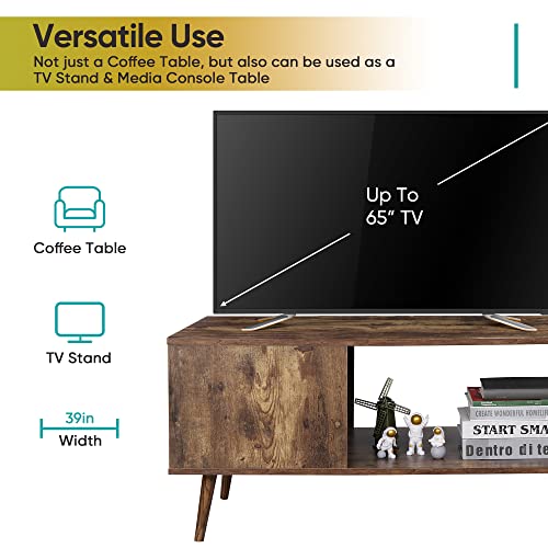 SUPER DEAL 2 Tier Wooden Coffee Table with Storage Shelf for Living Room, Modern Mid-Century Accent Furniture Rectangle Industrial Cocktail Table for Indoor Bedroom Apartment, 40 inch Rustic Brown