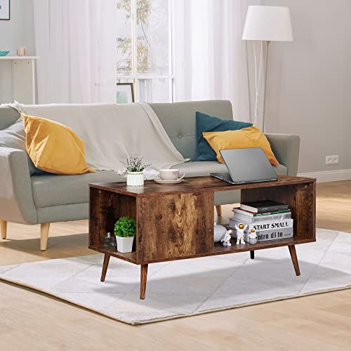 SUPER DEAL 2 Tier Wooden Coffee Table with Storage Shelf for Living Room, Modern Mid-Century Accent Furniture Rectangle Industrial Cocktail Table for Indoor Bedroom Apartment, 40 inch Rustic Brown