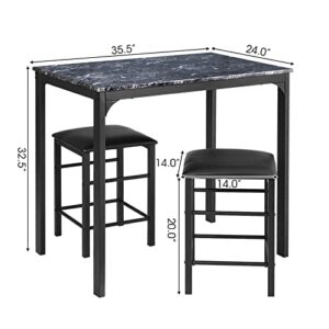 COSTWAY 3 Pieces Dining Table Set, 2 Person Kitchen Breakfast Table and Chair Set Pub Table and Chairs Set, Counter Height Dining Table Set with 2 Bar Stools (Black)