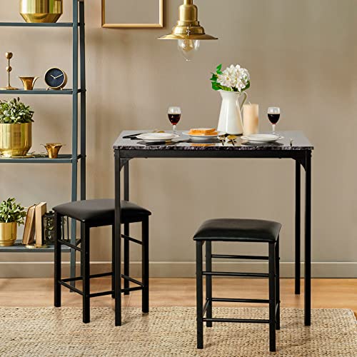 COSTWAY 3 Pieces Dining Table Set, 2 Person Kitchen Breakfast Table and Chair Set Pub Table and Chairs Set, Counter Height Dining Table Set with 2 Bar Stools (Black)