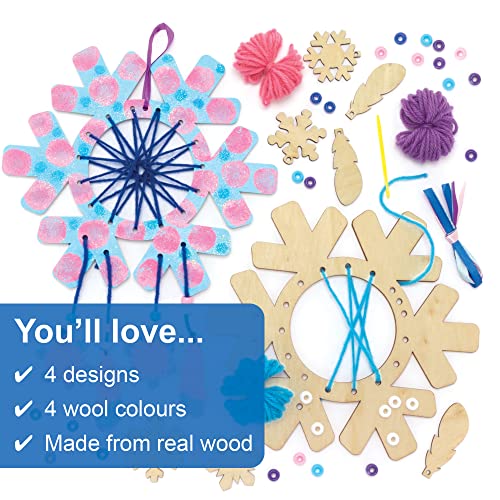 Baker Ross FE894 Snowflake Wooden Dream Catcher Craft Kits - Pack of 4, Make Your Own Wood Dream Catcher Kit, Christmas Art, and Craft for Kids to Make and Decorate