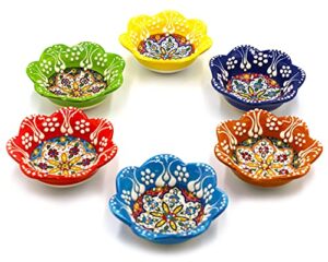 silver craft 6 pcs daisy shaped hand painted decorative serving turkish tiny bowls - handmade ceramic bowl - set of 6 (3.7 inc/9.5cm) 2.5 oz pinch multicolor small serving bowls - best gift set