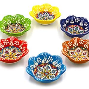 Silver Craft 6 Pcs Daisy Shaped Hand Painted Decorative Serving Turkish Tiny Bowls - Handmade Ceramic Bowl - Set of 6 (3.7 inc/9.5cm) 2.5 Oz Pinch Multicolor Small Serving Bowls - Best Gift Set