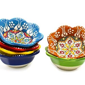 Silver Craft 6 Pcs Daisy Shaped Hand Painted Decorative Serving Turkish Tiny Bowls - Handmade Ceramic Bowl - Set of 6 (3.7 inc/9.5cm) 2.5 Oz Pinch Multicolor Small Serving Bowls - Best Gift Set