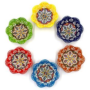 Silver Craft 6 Pcs Daisy Shaped Hand Painted Decorative Serving Turkish Tiny Bowls - Handmade Ceramic Bowl - Set of 6 (3.7 inc/9.5cm) 2.5 Oz Pinch Multicolor Small Serving Bowls - Best Gift Set