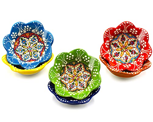 Silver Craft 6 Pcs Daisy Shaped Hand Painted Decorative Serving Turkish Tiny Bowls - Handmade Ceramic Bowl - Set of 6 (3.7 inc/9.5cm) 2.5 Oz Pinch Multicolor Small Serving Bowls - Best Gift Set