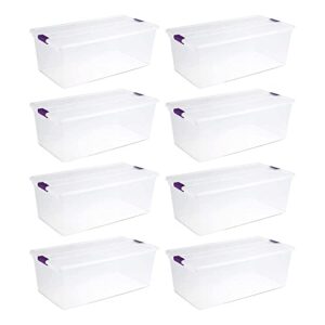 sterilite 110 qt clearview latch storage box, stackable bin with latching lid, plastic container organize clothes in closet, clear base, lid, 8-pack