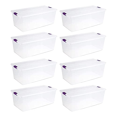 Sterilite 110 Qt ClearView Latch Storage Box, Stackable Bin with Latching Lid, Plastic Container Organize Clothes in Closet, Clear Base, Lid, 8-Pack